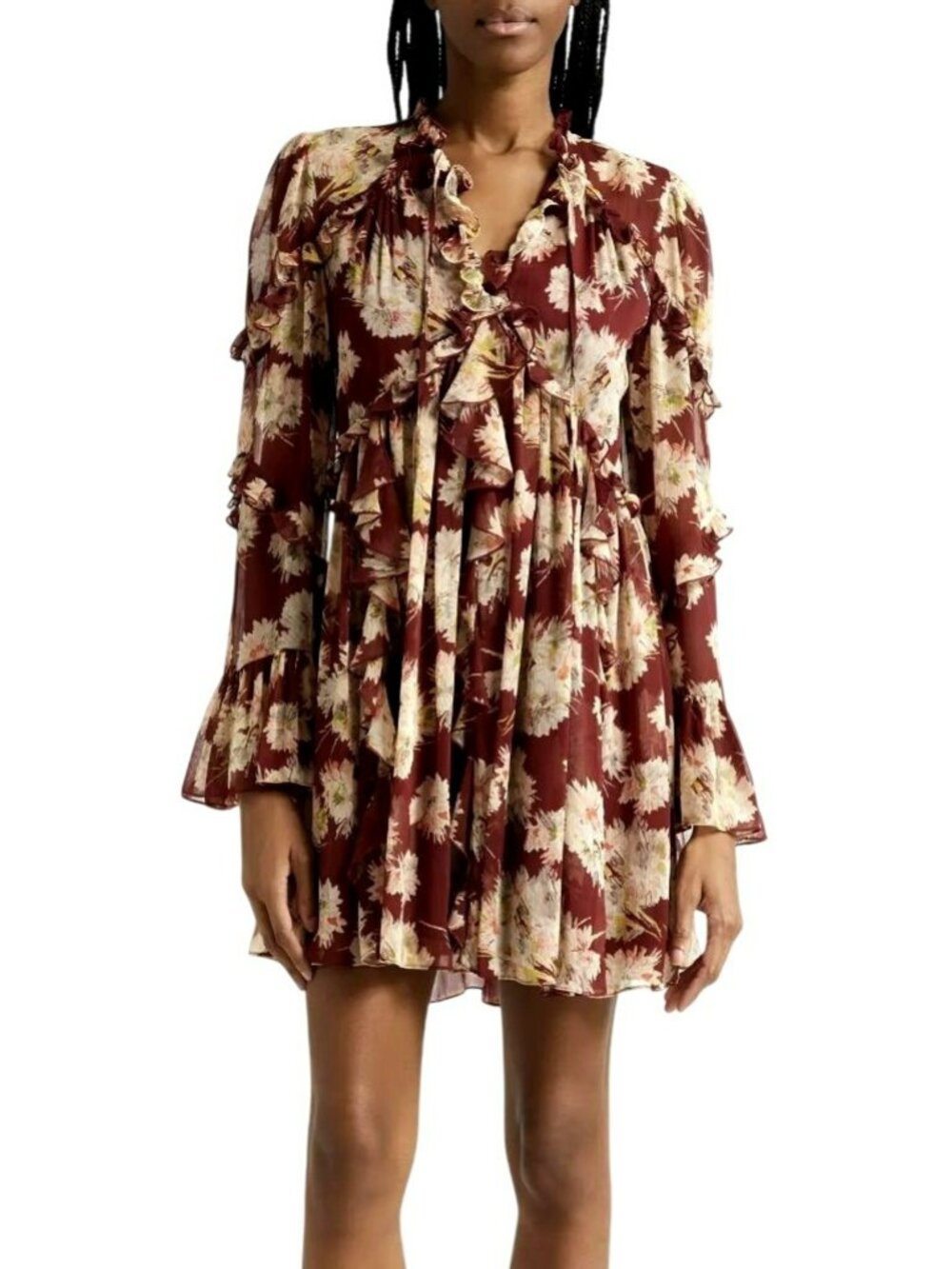 New Cinq a Sept Mae Floral Print Ruffle Long Sleeve Chiffon Minidress Size 4